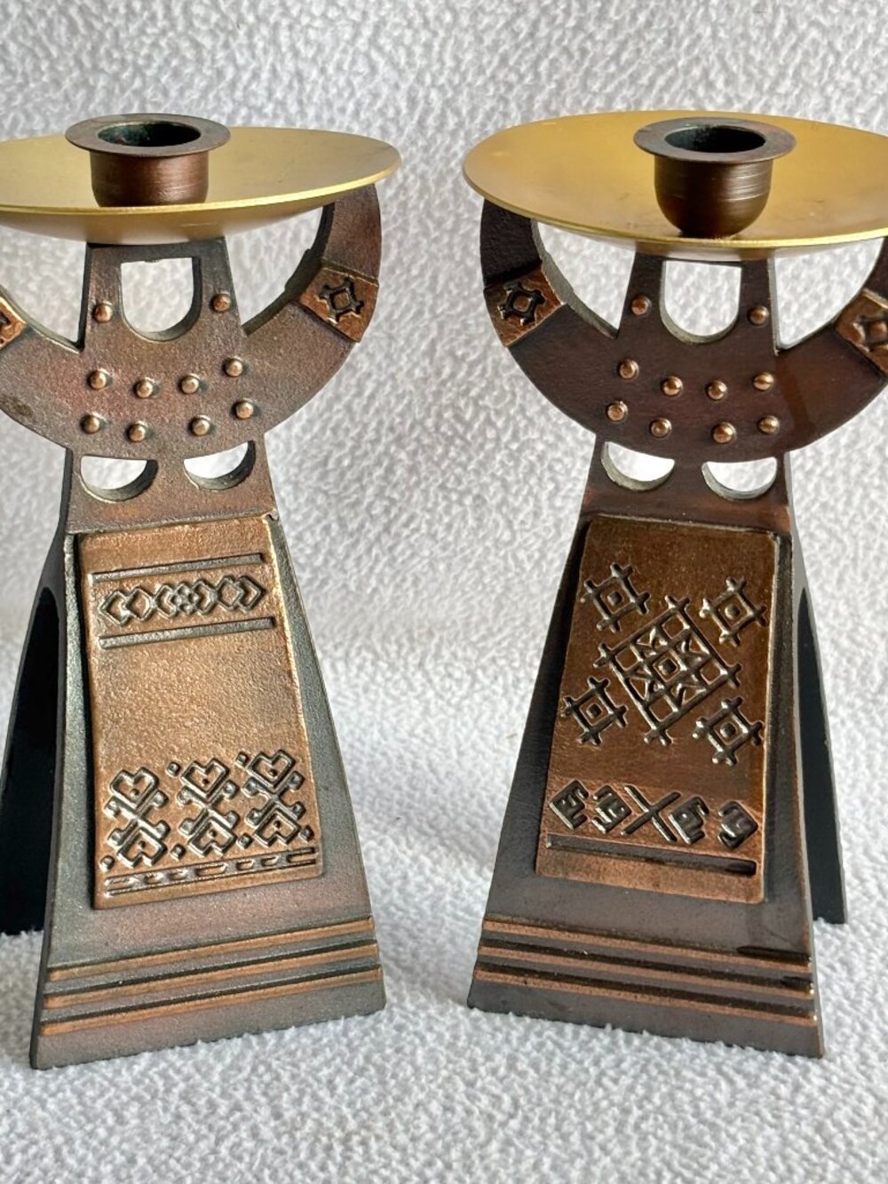 2 Vintage 1970s Russian Soviet Metal Brutalist Folk Candle Holders